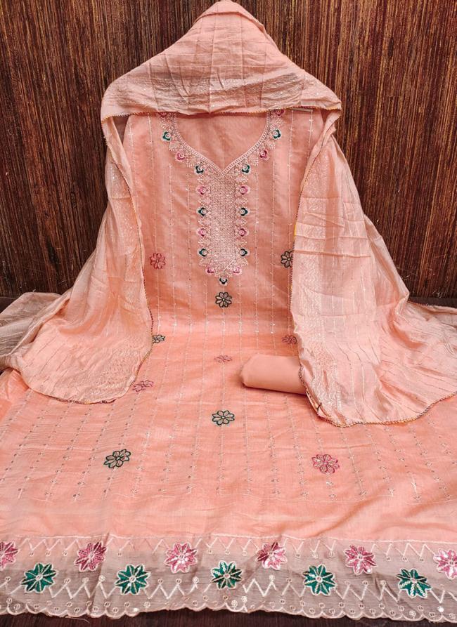 Chanderi Peach Festival Wear Embroidery Work Dress Material